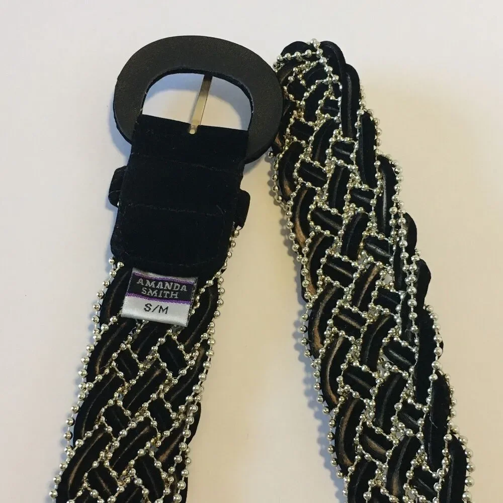 Vintage Amanda Smith Womens Belt Black Felt and Thin Gold Beading Woven Size S/M